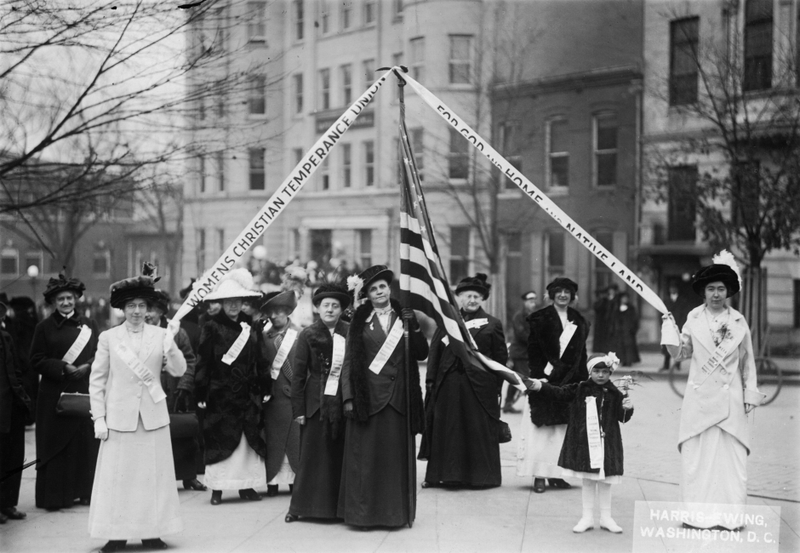 Circa 1909: Members of the Women’s Christian Temperance Union (WCTU) who marched on Washington DC to present a petition supporting prohibition. Photo via Getty Images.